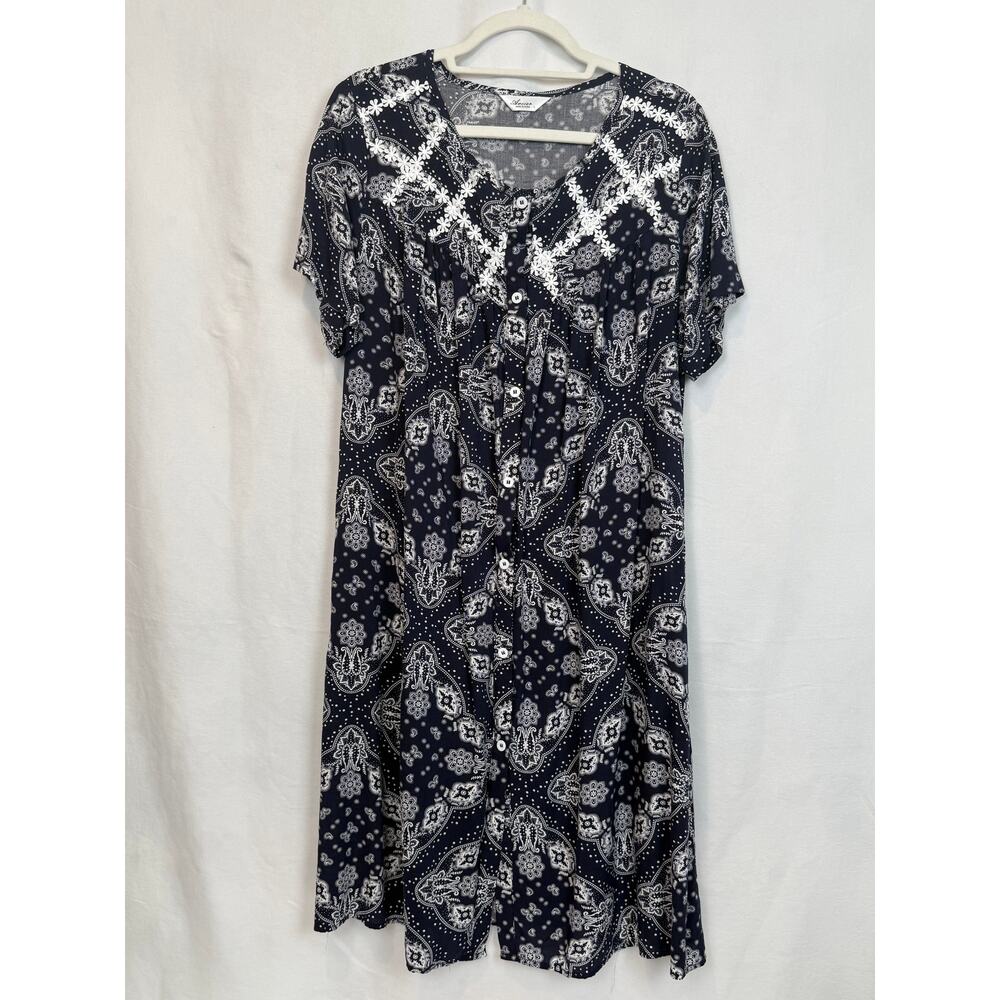 Aviier Navy Paisley Midi Dress Women Large Button Front Short Sleeve